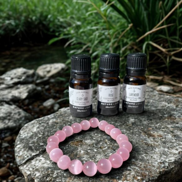 Pink Cat's Eye Gemstone Beaded Bracelet - 10mm Stretchy Crystal Jewelry - Picture 5 of 9